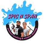 "Spic N Span transparent logo featuring a man and woman holding cleaning tools, representing pressure washing and window cleaning services."