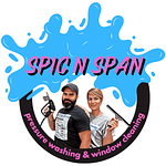 "Spic N Span logo featuring a man and woman holding cleaning tools, representing pressure washing and window cleaning services"