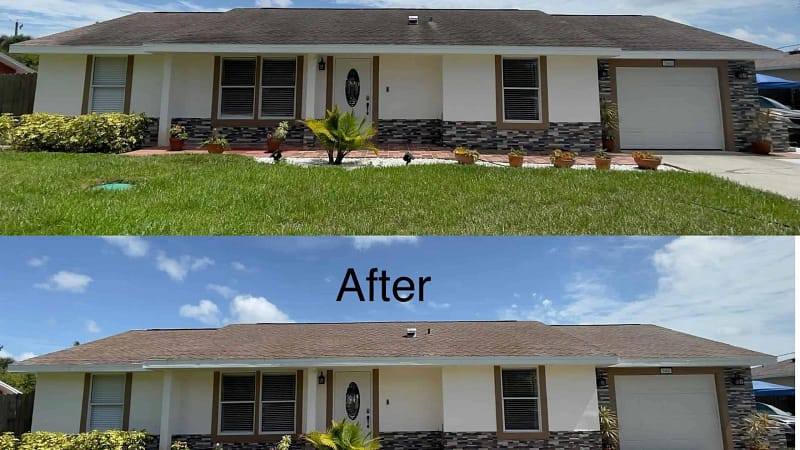 "Front view of a house showing before and after results of a roof soft wash cleaning, highlighting the dramatic improvement in the roof's appearance"