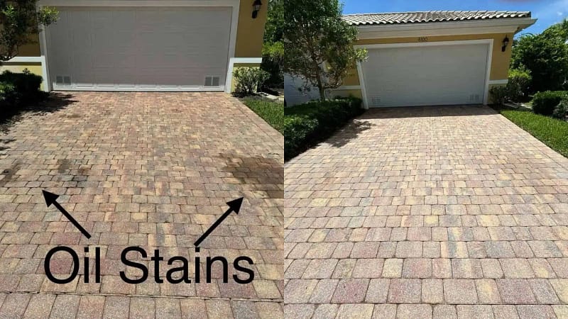 "A side-by-side comparison of a driveway before and after oil stain removal. The left side shows noticeable oil stains on the paver surface, while the right side displays a clean and stain-free driveway after professional cleaning."