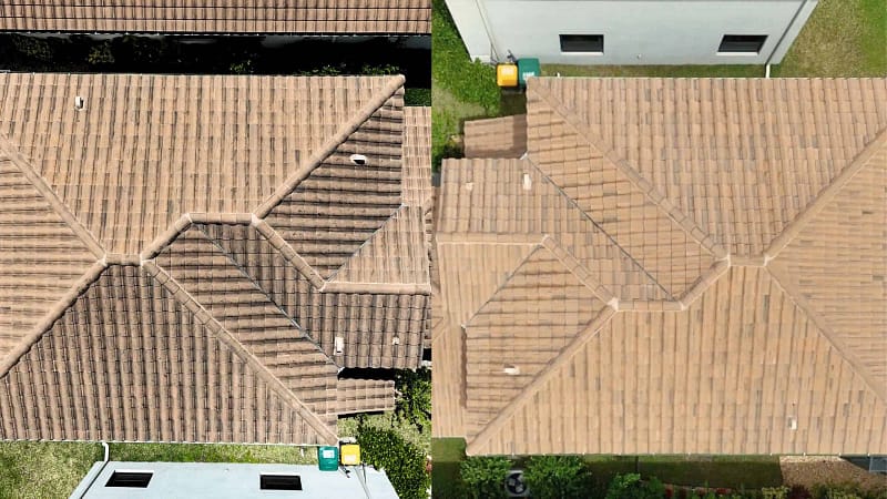 "Side-by-side aerial view of a roof before and after low-pressure cleaning. The left side shows the roof with noticeable dark streaks and dirt accumulation. The right side reveals the roof after cleaning, showcasing a uniform, clean surface free of stains"